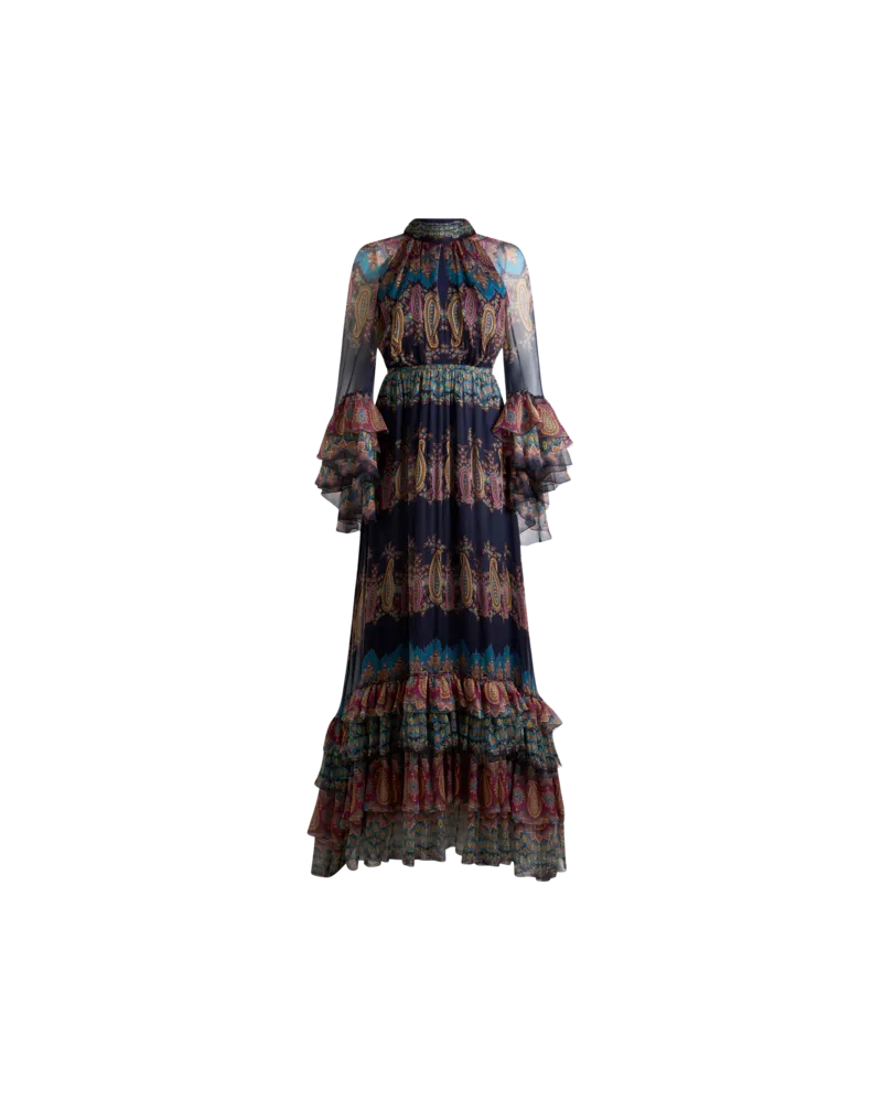 Etro Langes Kleid Aus Seide Mit Platziertem Druck, Damen, Blau, Größe Blau