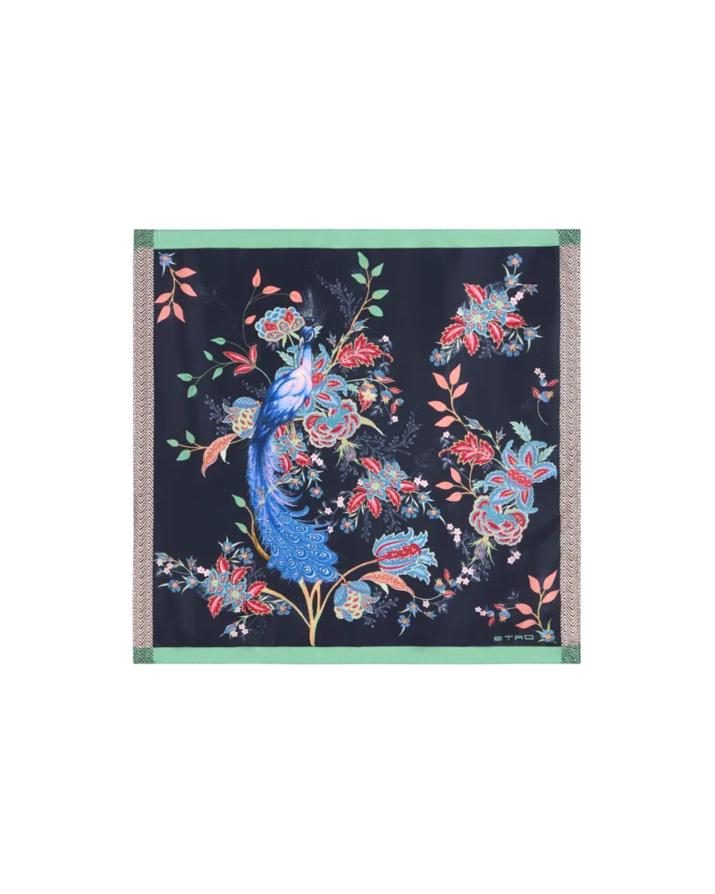 Etro Einstecktuch Aus Seidentwill Mit Pfau, Herren, Blau Blau