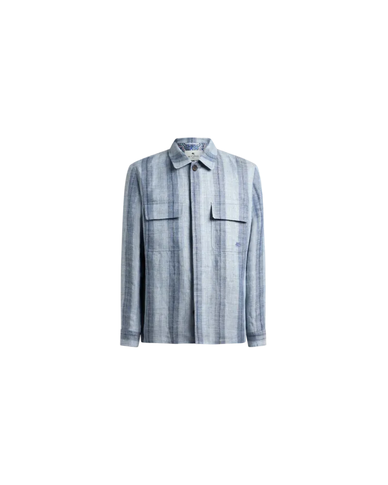 Etro Gestreifte Hemdjacke Aus Leinen Mit Pegaso-stickerei, Herren, Hellblau, Größe Hellblau