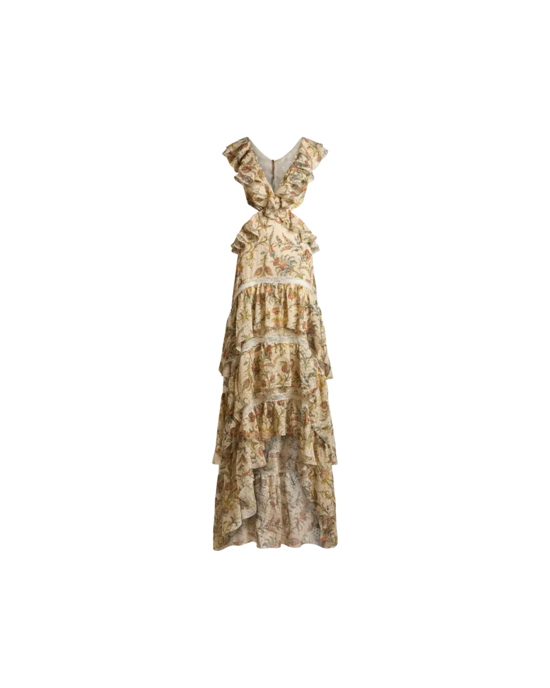 Etro Langes Kleid Aus Plumetis-seide Mit Volant Und Floralem Motiv, Damen, Beige, Größe Beige