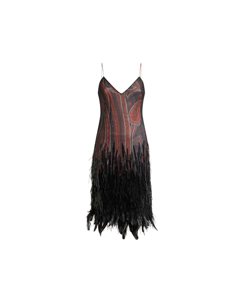 Etro Knielanges Kleid Mit Pailletten, Straussenfedern Und Paisley-motiv, Damen, Schwarz, Größe Schwarz