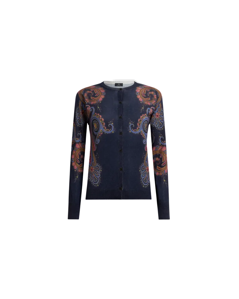 Etro Cardigan Aus Seide Und Kaschmir Mit Platziertem Paisley-print, Damen, Blau, Größe Blau