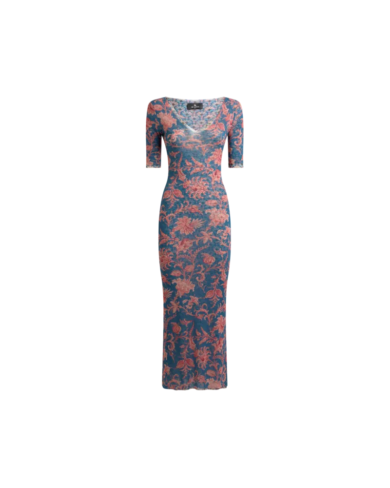 Etro Midikleid Aus Elastischem Tüll Mit Floralem Motiv, Damen, Blau, Größe Blau