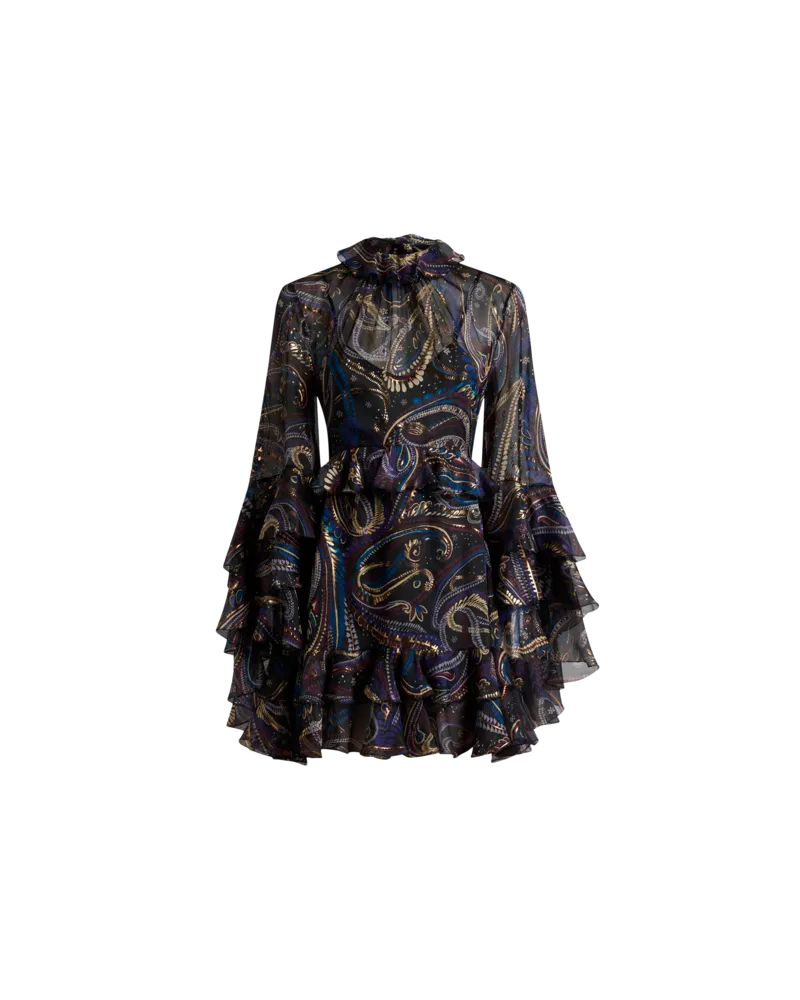 Etro Minikleid Aus Seide Mit Rüsche Und Paisley-foliage-motiv, Damen, Schwarz, Größe Schwarz