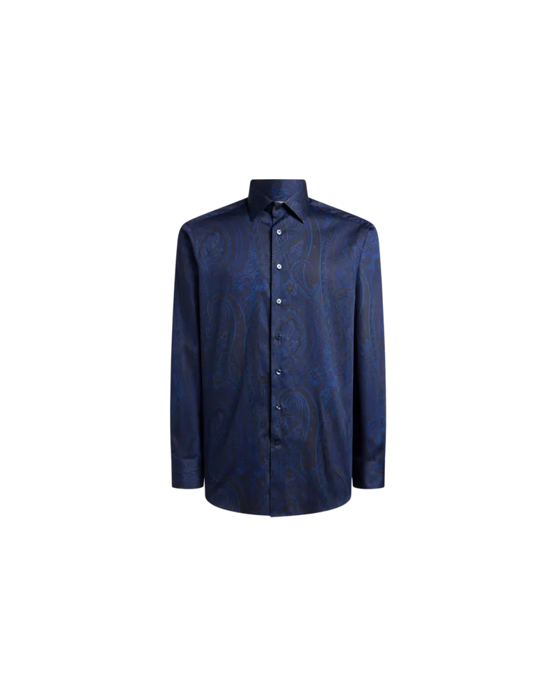 Etro Hemd Aus Satin Aus Baumwolle Mit Arnica-motiv, Herren, Blau, Größe Blau