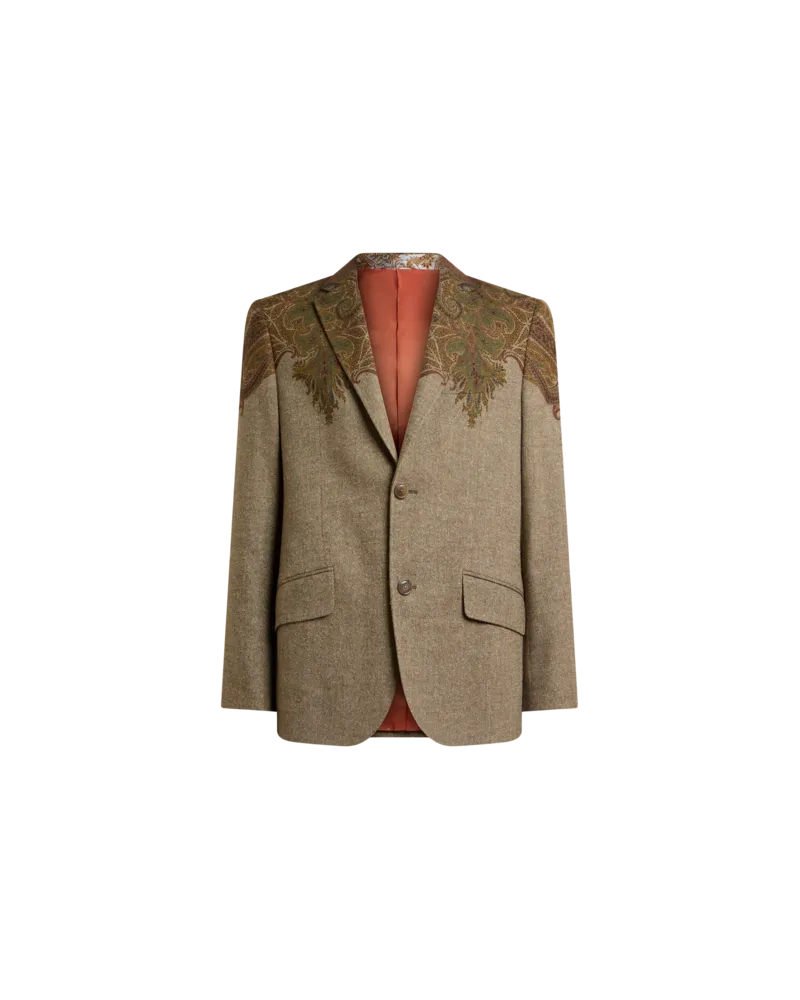 Etro Einreihige Jacke Aus Einer Wollmischung Mit Platziertem Paisley-pochette-print, Herren, Braun, Größe Braun