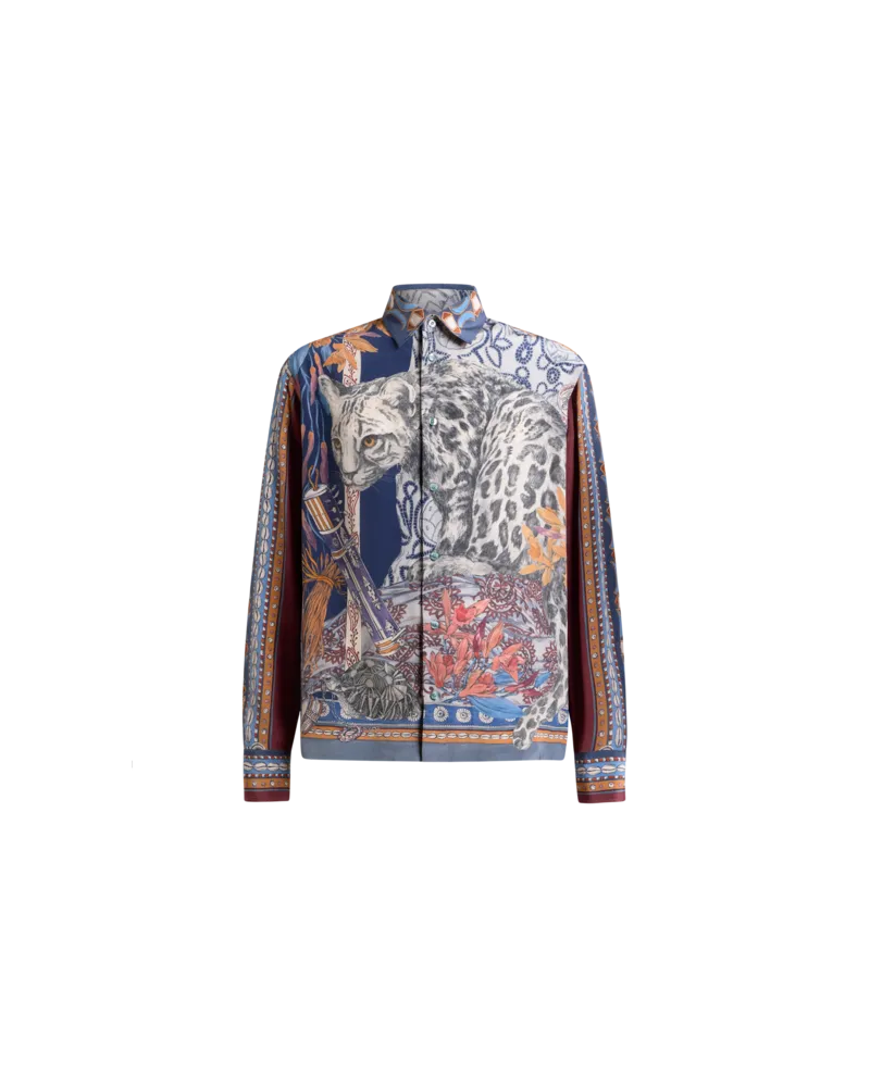 Etro Hemd Aus Seide Mit Platziertem Leoparden-print, Herren, Blau, Größe Blau
