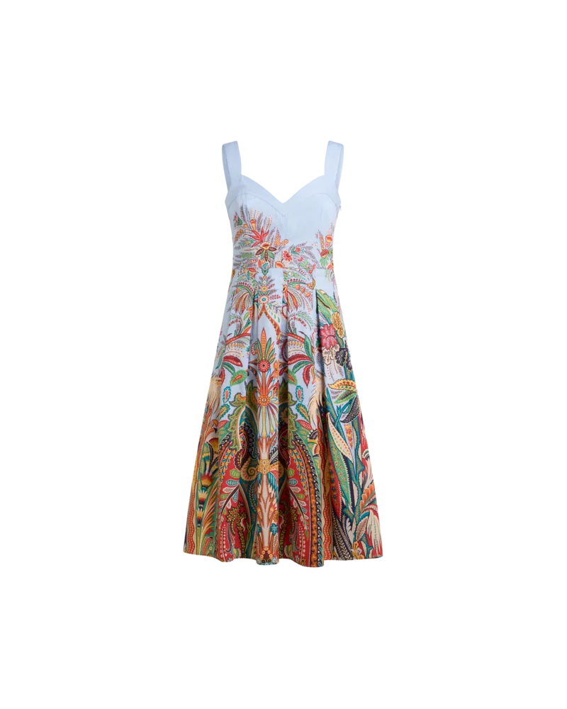 Etro Midikleid Aus Baumwolle Mit Falten Und Platziertem Paisley-foliage-print, Damen, Hellblau, Größe Hellblau