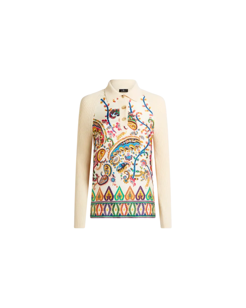 Etro Langärmeliges Poloshirt Aus Baumwollstrick Mit Seideneinsatz, Damen, Beige, Größe Beige