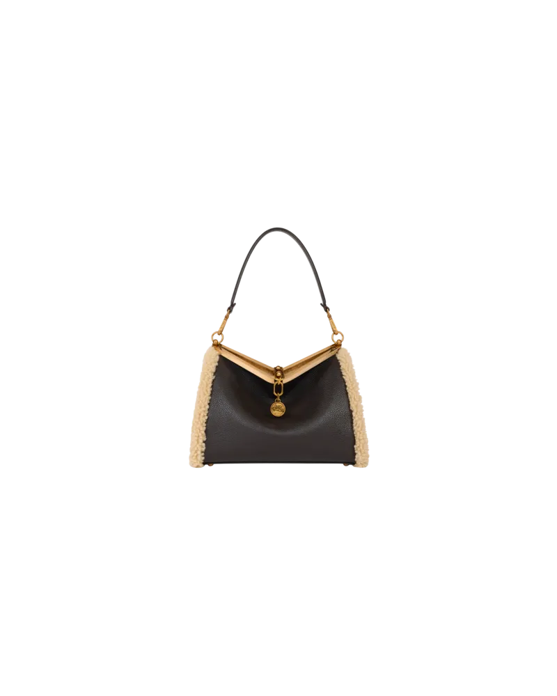 Etro Mittlere Tasche Vela Aus Leder Mit Details Aus Shearling, Damen, Braun Braun