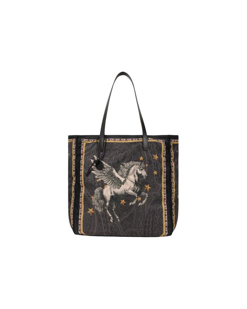 Etro Shopper Aus Nylon Mit Pegaso-print Und Arnica-motiv, Herren, Schwarz Schwarz