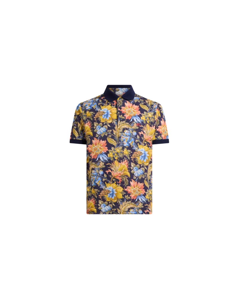 Etro Poloshirt Aus Baumwoll-piqué Mit Einfarbigen Details Und Blumenmotiv, Herren, Blau, Größe Blau