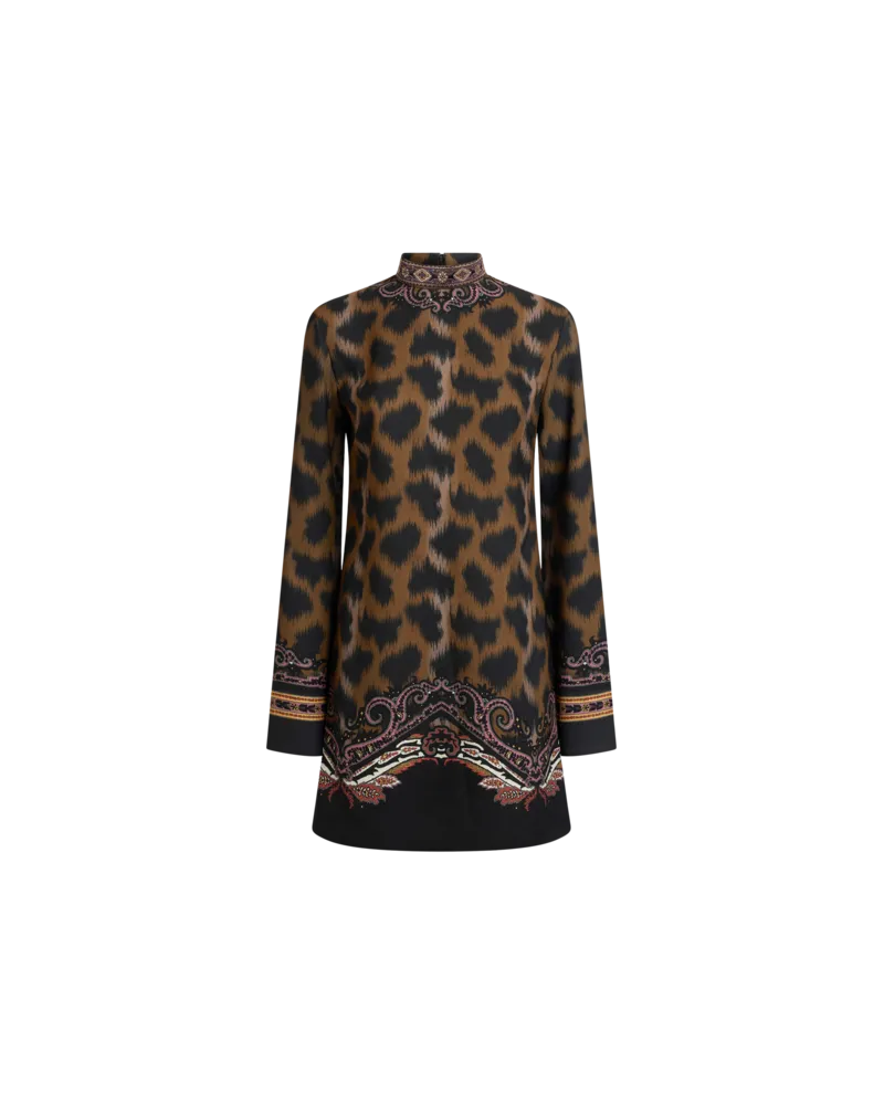 Etro Kurzes Tunikakleid Aus Envers-satin Mit Animal-motiv, Damen, Dunkelbraun, Größe Dunkelbraun