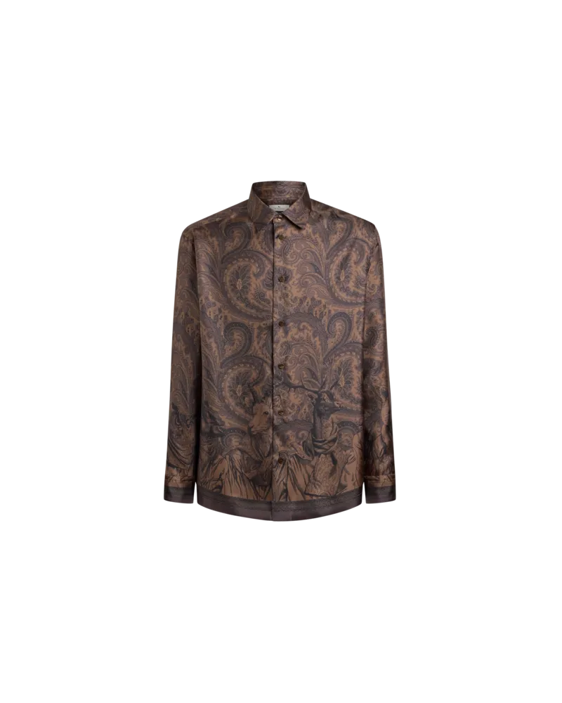 Etro Hemd Aus Seidentwill Mit Platziertem Paisley-animal-print, Herren, Braun, Größe Braun