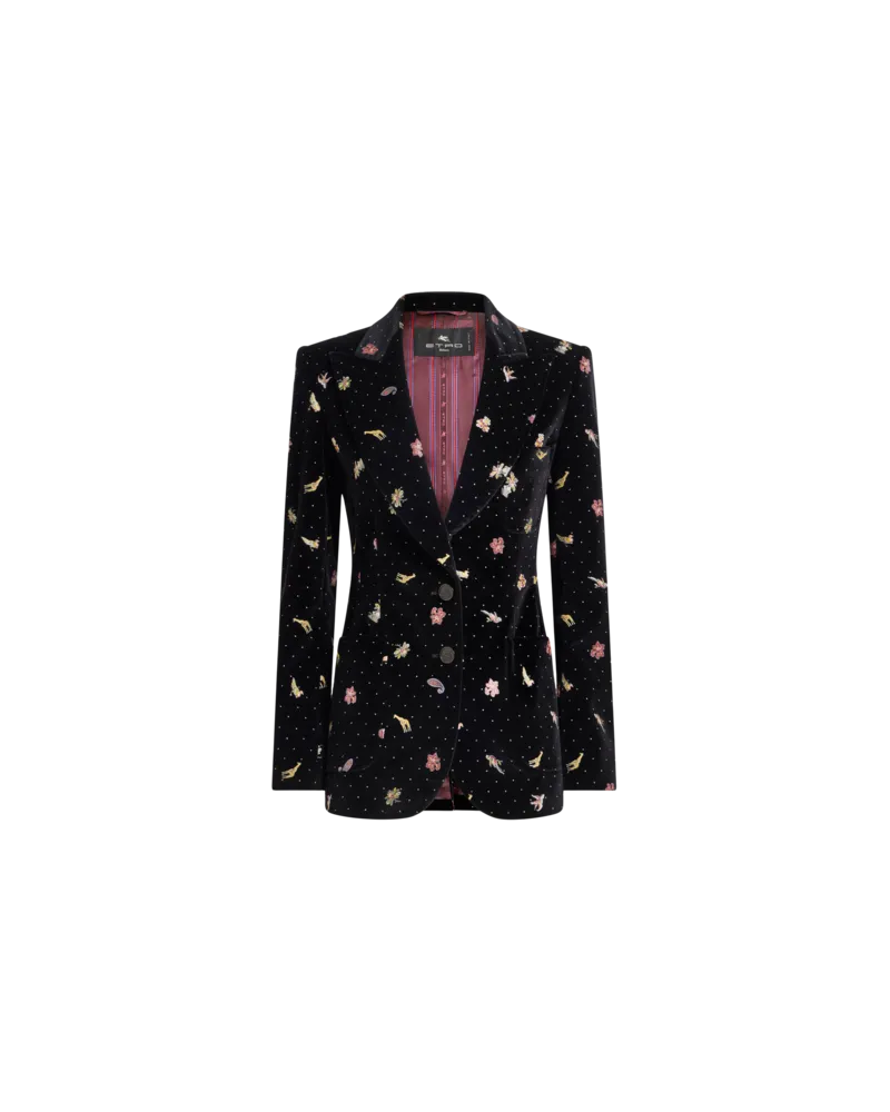 Etro Einreihige Jacke Aus Baumwollsamt Mit Blumen- Und Tiermotiv, Damen, Schwarz, Größe Schwarz