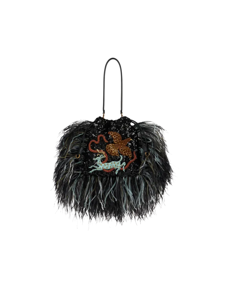 Etro Kleine Tasche Kalispera Mit Pailletten, Straußenfedern Und Animal-stickerei, Damen, Schwarz Schwarz