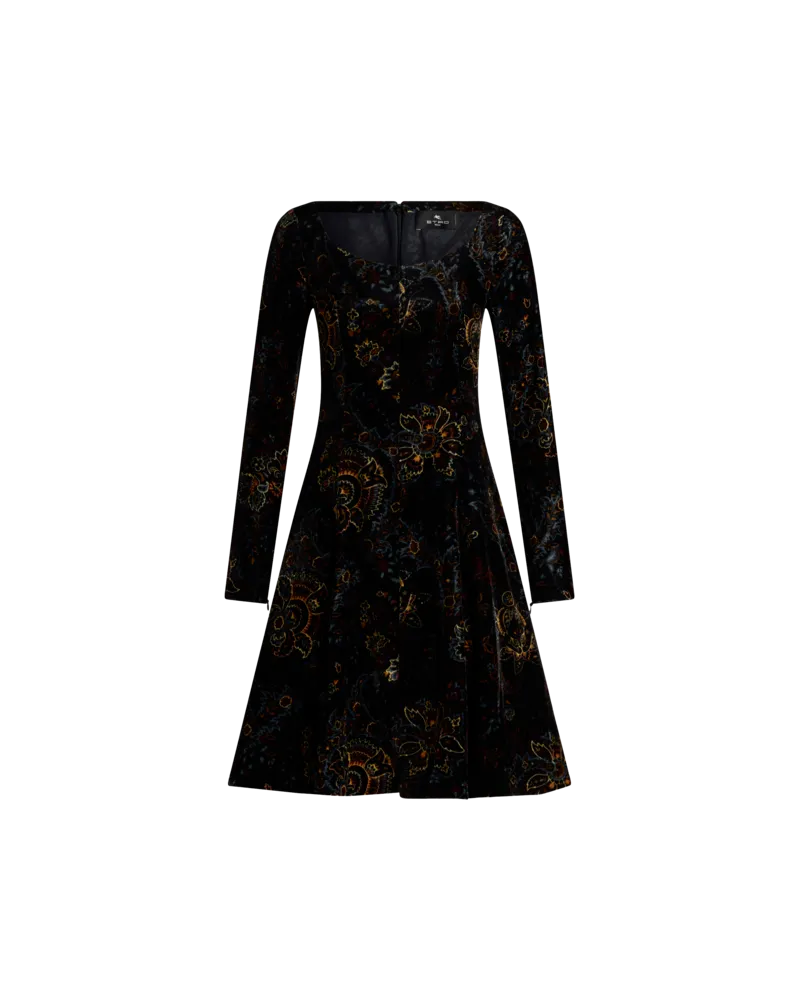 Etro Kurzes Kleid Aus Bedrucktem Samt, Damen, Schwarz Schwarz