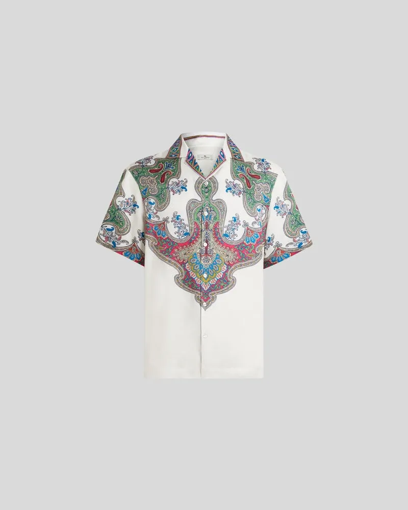 Etro Bowling-hemd Aus Seide Mit Platziertem Paisley-foliage-print, Herren, Weiß, Größe Weiß