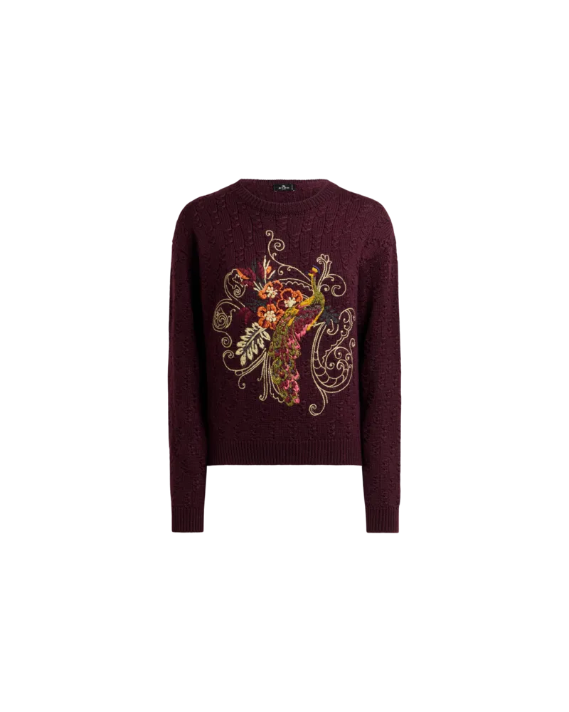 Etro Cropped Pullover Aus Einer Kaschmirmischung Mit Zopfmuster Und Pfauen-stickerei, Damen, Rot, Größe Rot