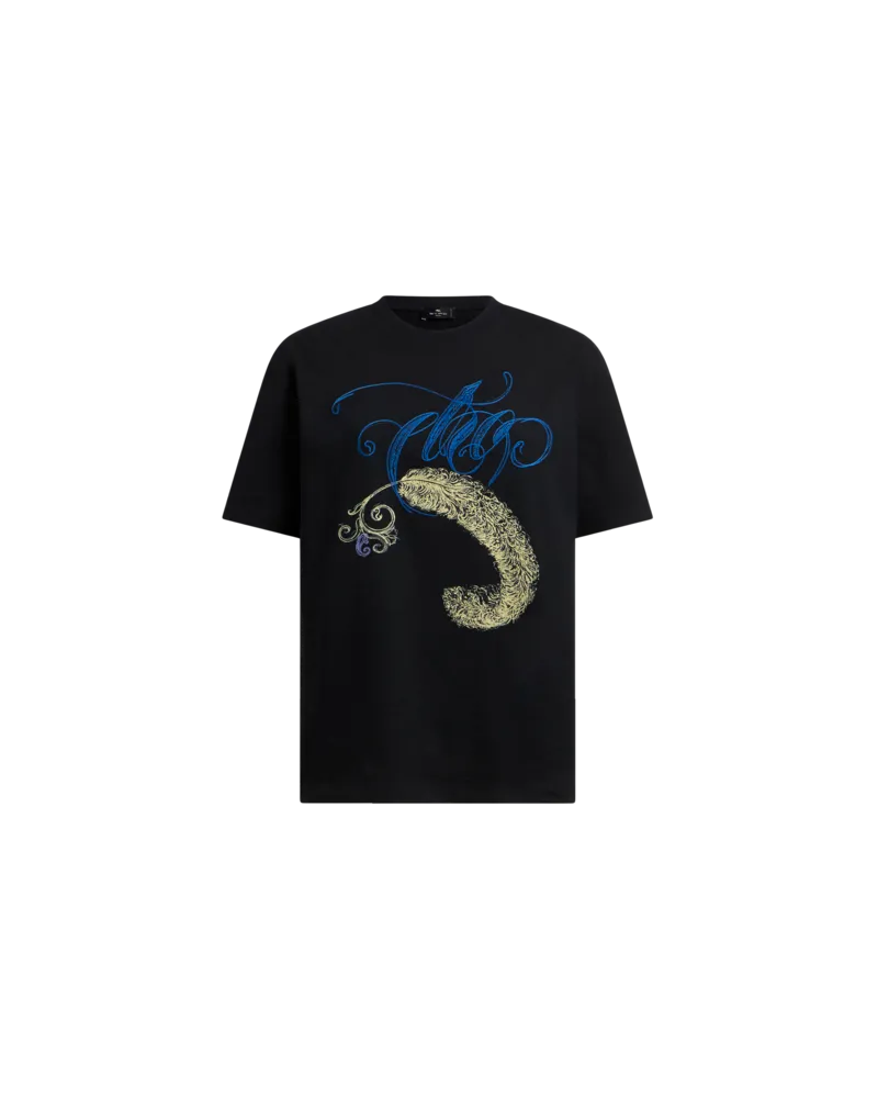 Etro T-shirt Aus Baumwolle Mit Logo-stickerei Und Federn-print, Damen, Schwarz, Größe Schwarz