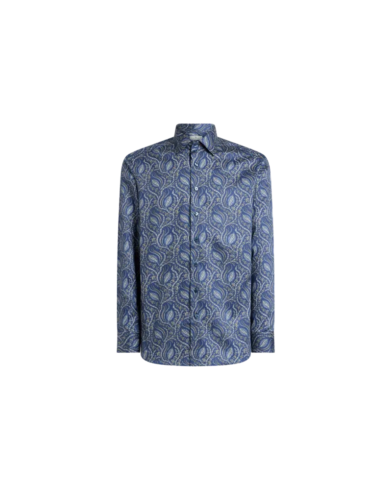 Etro Hemd Aus Baumwoll-satin Mit Paisley-foliage-motiv, Herren, Blau, Größe Blau