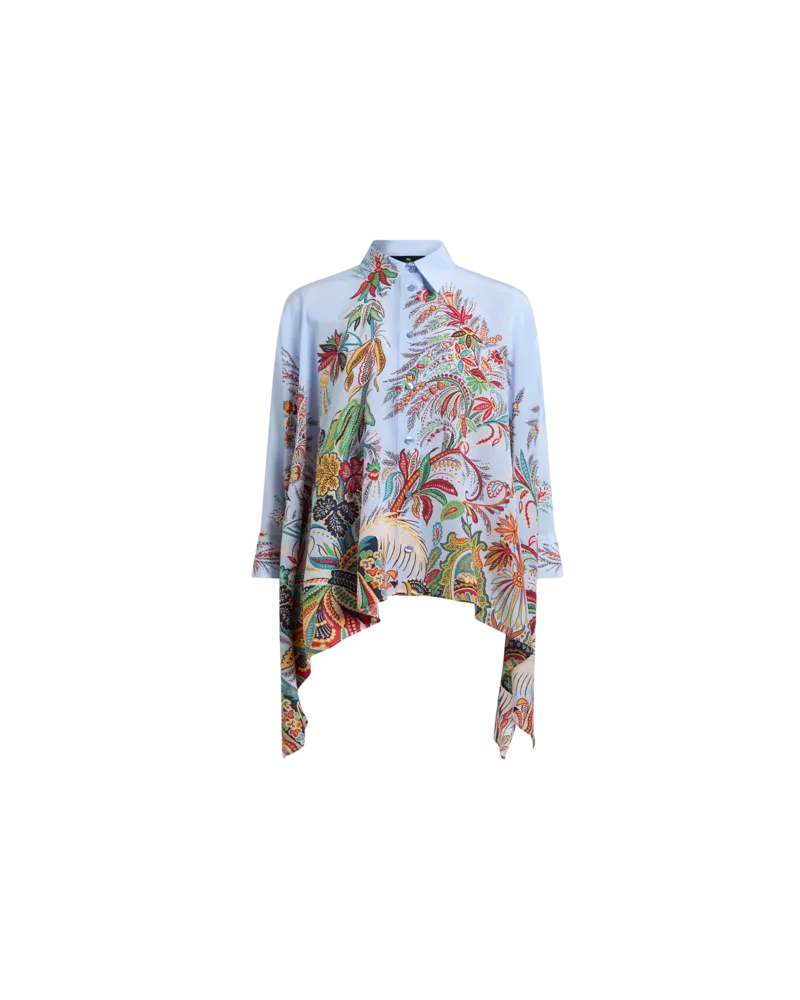 Etro Hemdbluse Aus Seide Mit Zipfelsaum Und Platziertem Paisley-foliage-print, Damen, Hellblau, Größe Hellblau
