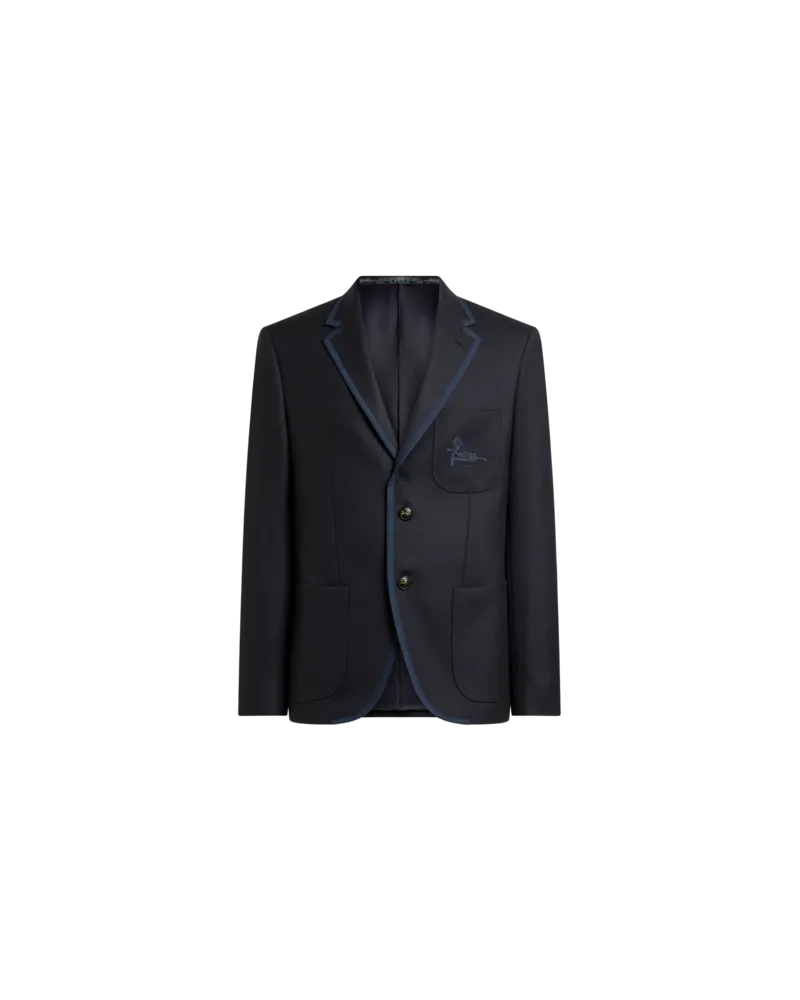 Etro Einreihige Jacke Aus Wolle Mit Pegaso-logo, Herren, Blau, Größe Blau
