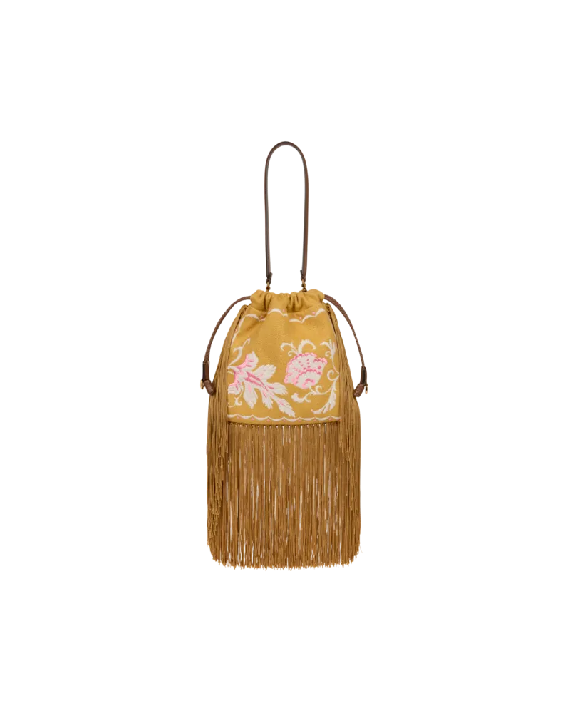 Etro Kleine Tasche Kalispera Aus Einer Leinenmischung Mit Stickerei Und Fransen, Damen, Gelb Gelb
