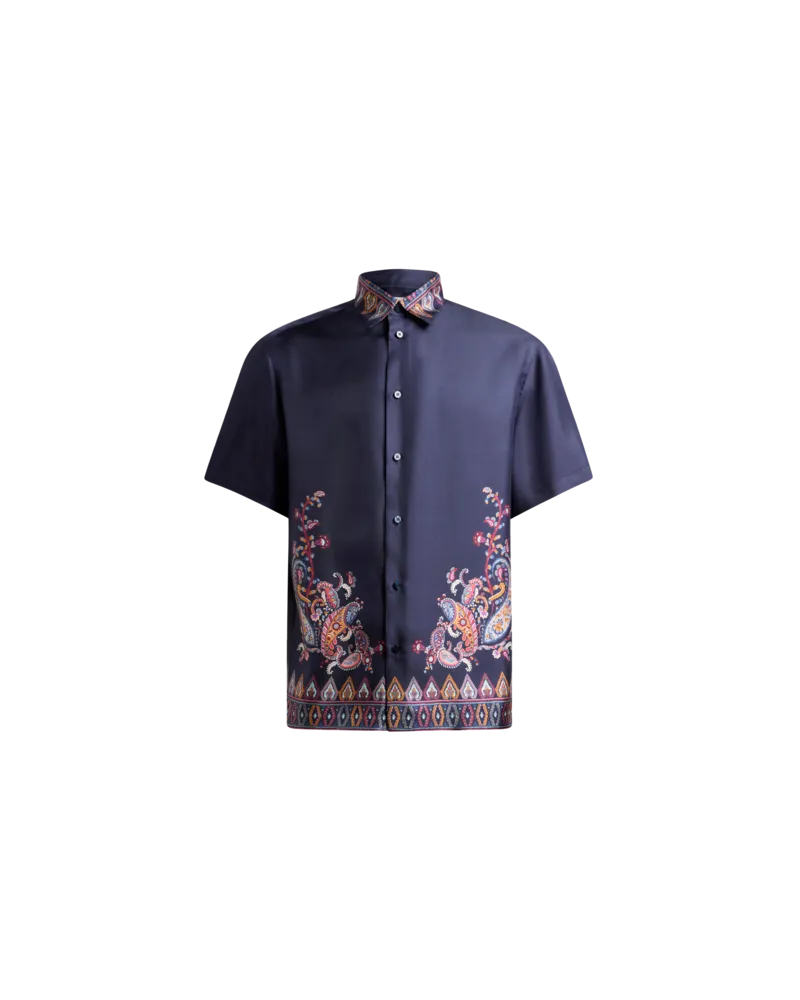 Etro Hemd Mit Kurzen Ärmeln Aus Seide Mit Platziertem Print, Herren, Blau, Größe Blau