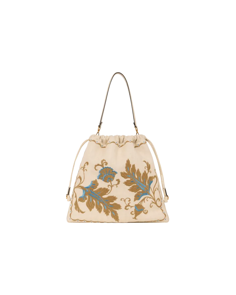 Etro Grosse Tasche Kalispera Aus Einer Leinenmischung Mit Stickerei, Damen, Cremefarben Cremefarben