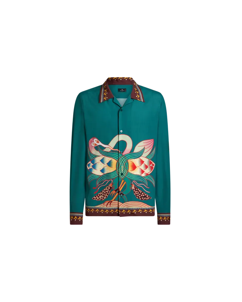 Etro Hemd Aus Seide Mit Platziertem Druck, Herren, Blau, Größe Blau