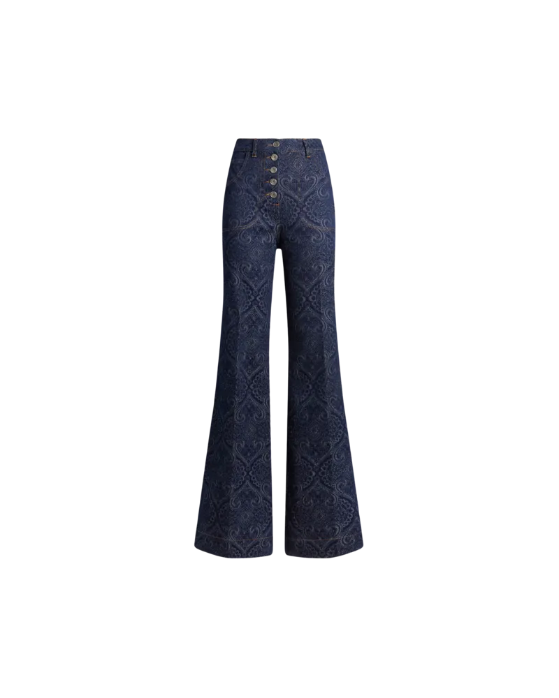 Etro Schlagjeans Aus Jacquard-denim Mit Pegaso-knöpfen, Damen, Blau, Größe Blau