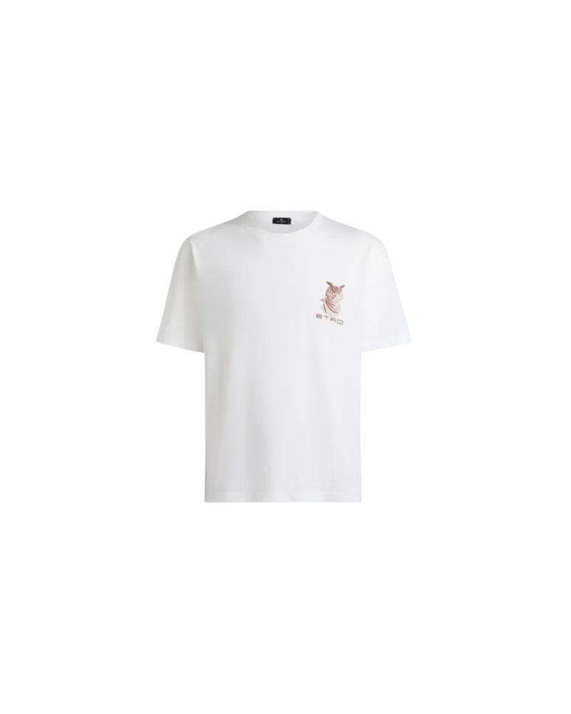 Etro T-shirt Aus Baumwolljersey Mit Etro-stickerei Und Eulen-print, Herren, Weiß, Größe Weiß