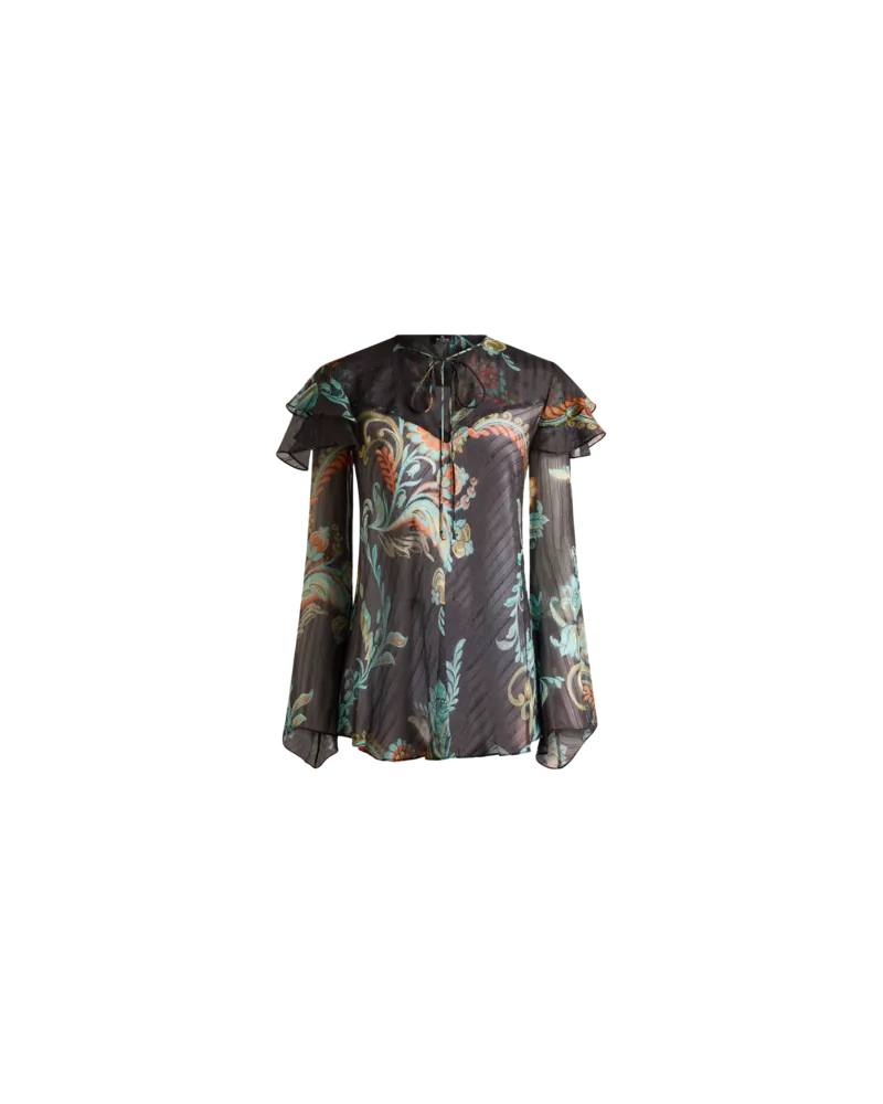 Etro Bluse Aus Seide Mit Rüschen Und Narzissenmotiv, Damen, Grau, Größe Grau