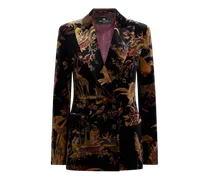 Zweireihige Jacke Aus Baumwollsamt Mit Überdruck Aus Blumen Und Tieren, Damen, Schwarz, Größe