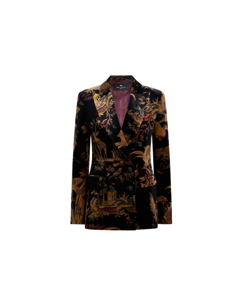 Etro Zweireihige Jacke Aus Baumwollsamt Mit Überdruck Aus Blumen Und Tieren, Damen, Schwarz, Größe Schwarz