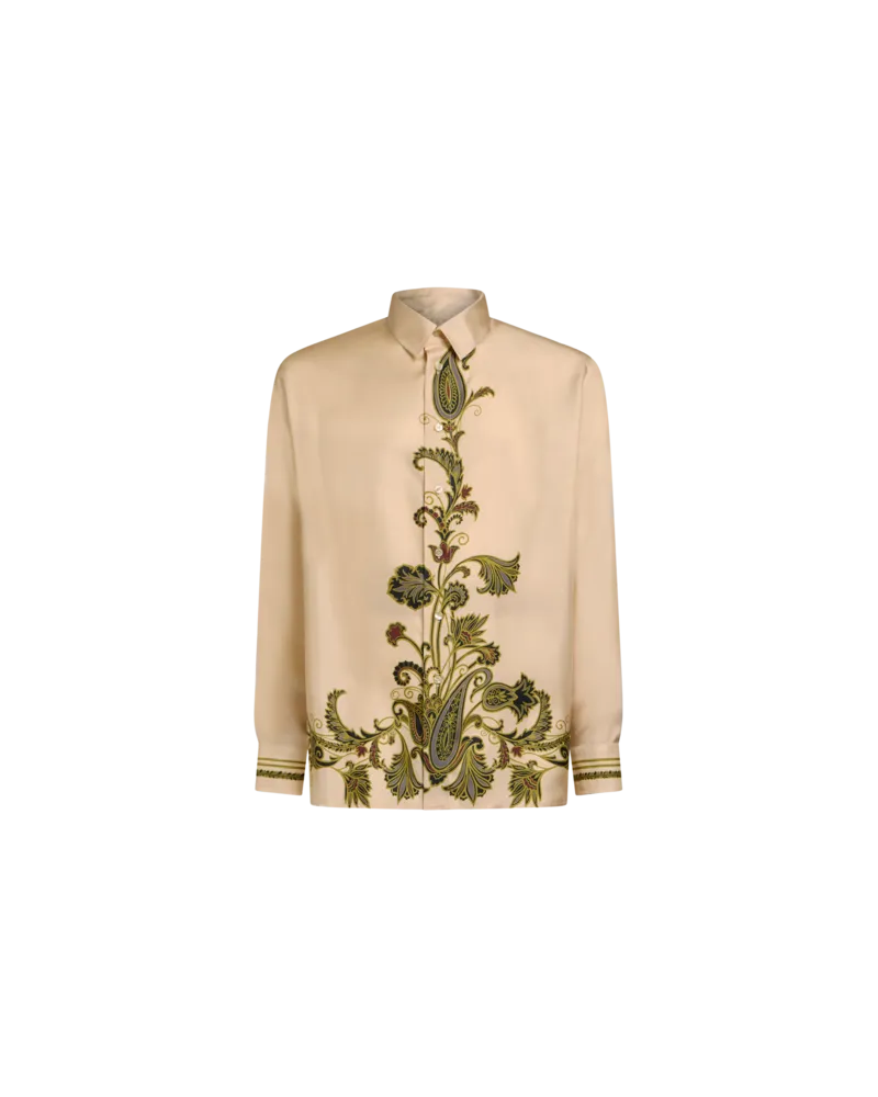 Etro Hemd Aus Seide Mit Platziertem Druck, Herren, Beige, Größe Beige