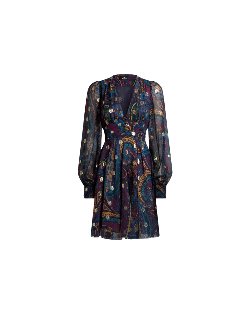 Etro Kurzes Kleid Aus Seide Mit Paisley-print, Damen, Blau, Größe Blau