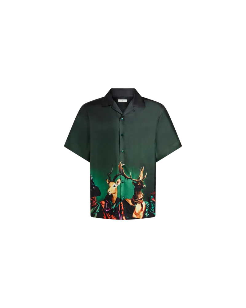 Etro Bowling-hemd Aus Seide Mit Platziertem Animal-print, Herren, Grün, Größe Grün