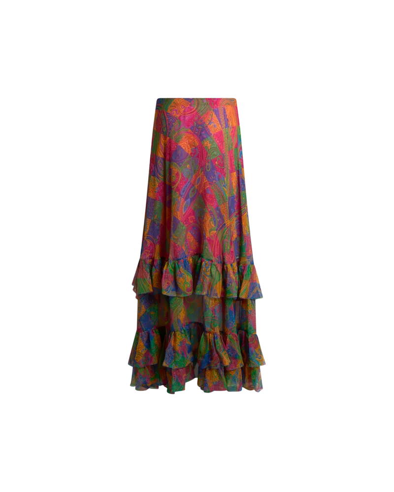 Etro Langer Rock Aus Seiden-crepon Mit Volant Und Geometrischem Paisley-motiv, Damen, Multicolor, Größe Multicolor