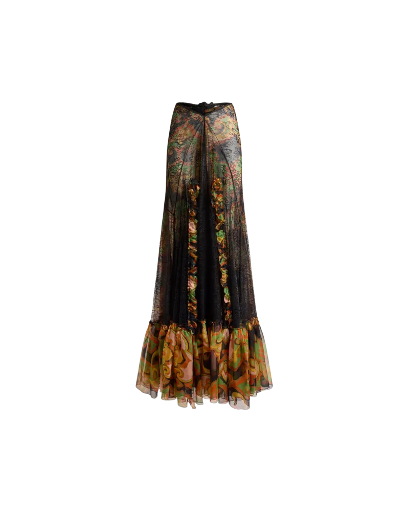 Etro Langer Rock Aus Seide Mit Spitze Und Floralem Motiv, Damen, Schwarz, Größe Schwarz