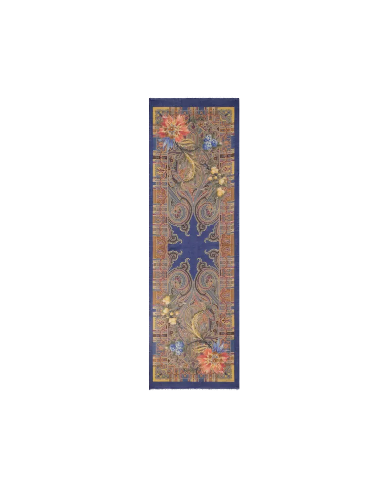Etro Schal Aus Wolle, Kaschmir Und Seide Mit Paisley-motiv Und Blumen, Damen, Blau Blau