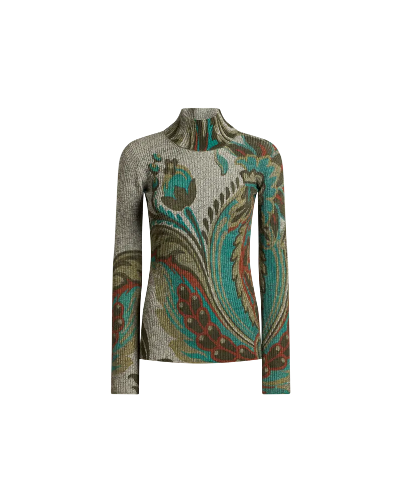 Etro Rollkragenpullover Aus Wolle Im Rippstrick Mit Narzissen-print, Damen, Grau, Größe Grau