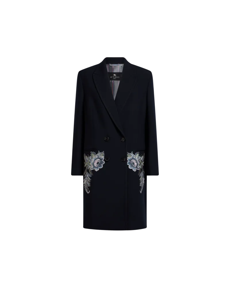 Etro Zweireihiger Mantel Mit Blumenstickerei, Damen, Blau, Größe Blau