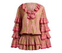 Kurzes Kleid Aus Plumetis-baumwolle Mit Volant Und Paisley-foliage-motiv, Damen, Grün, Größe