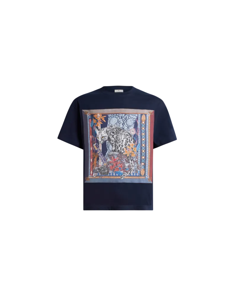 Etro T-shirt Aus Baumwolle Mit Platziertem Leo-print, Herren, Blau, Größe Blau