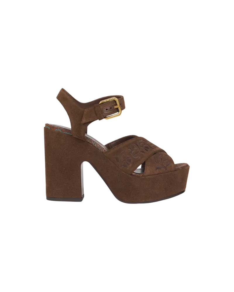 Etro Plateausandalen Aus Bestticktem Velousleder, Damen, Braun, Größe Braun