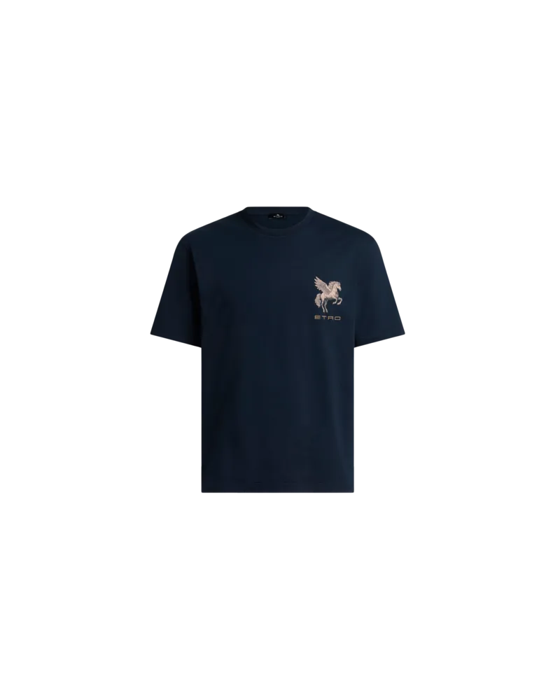 Etro T-shirt Aus Baumwolljersey Mit Pegaso-stickerei, Herren, Blau, Größe Blau