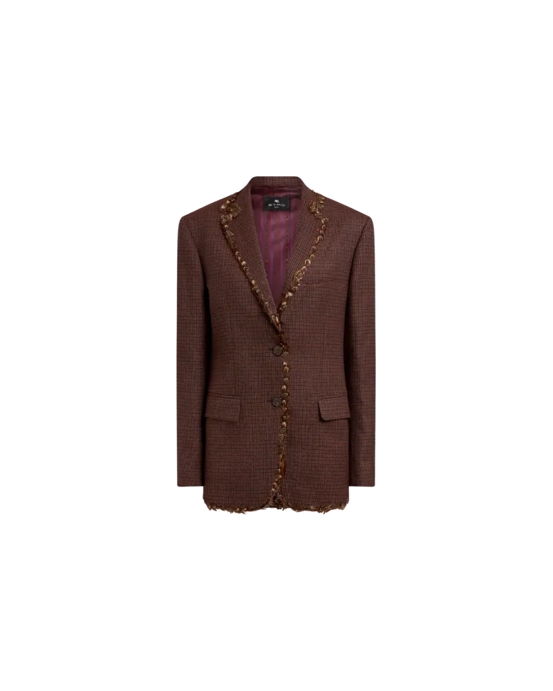 Etro Einreihige Jacke Aus Wolle Mit Fasanenfedern Und Mikro-hahnentrittmuster, Damen, Rot, Größe Rot