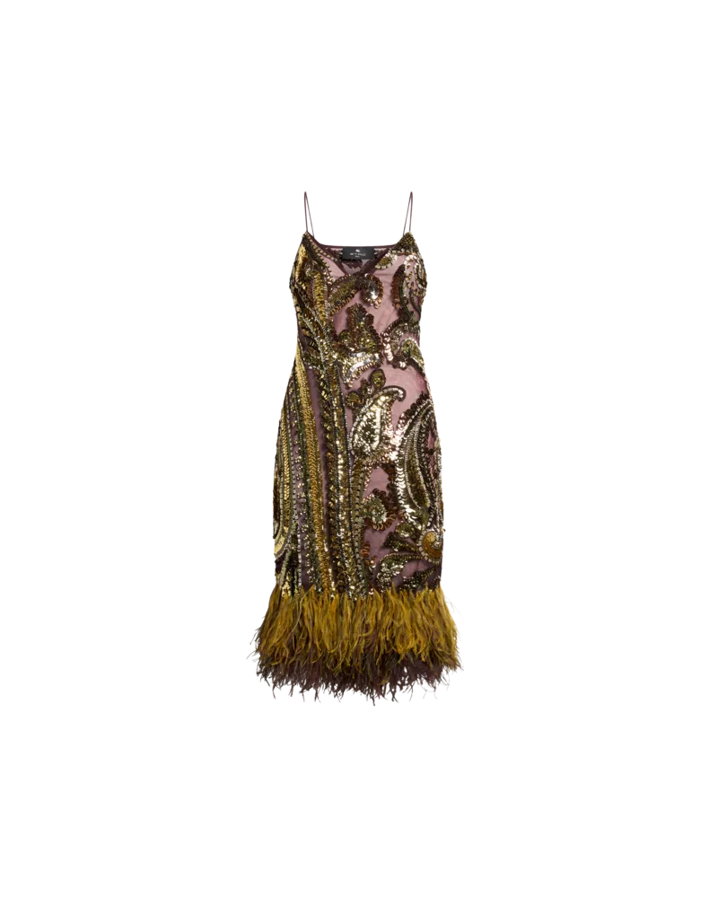 Etro Knielanges Kleid Mit Pailletten Und Straussenfedern, Damen, Gelb, Größe Gelb